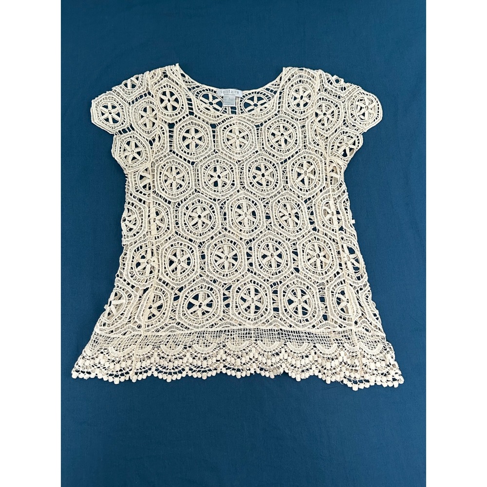 Solitaire by Ravi Khosla Ivory Crochet Lace Top Cotton Boho Scalloped Hem Large